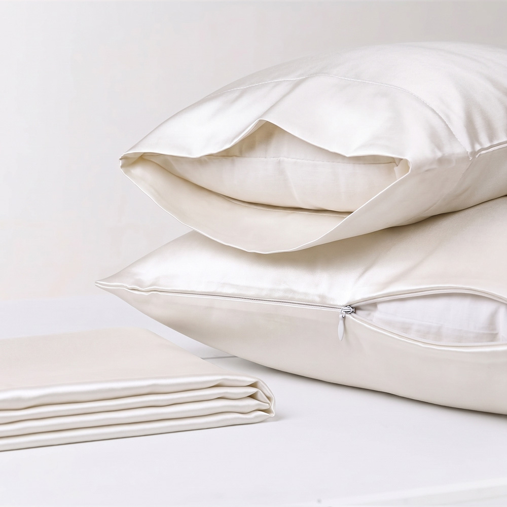 White mulberry silk pillowcases with high quality invisible zipper closure detail