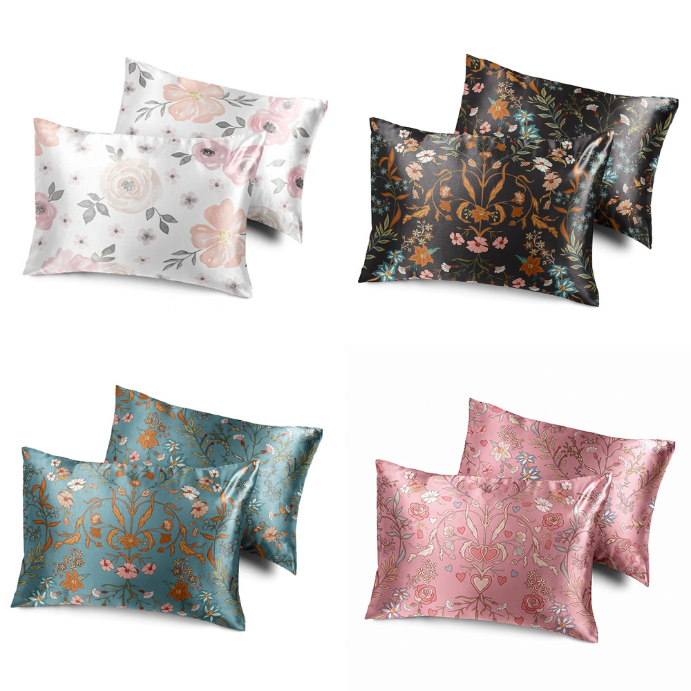 Assorted custom digital printed mulberry silk pillowcases in multiple patterns and colors