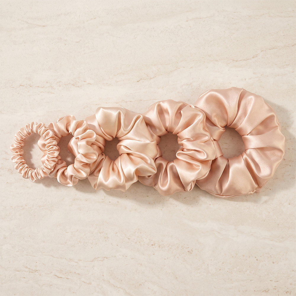 Champagne silk scrunchies in various sizes