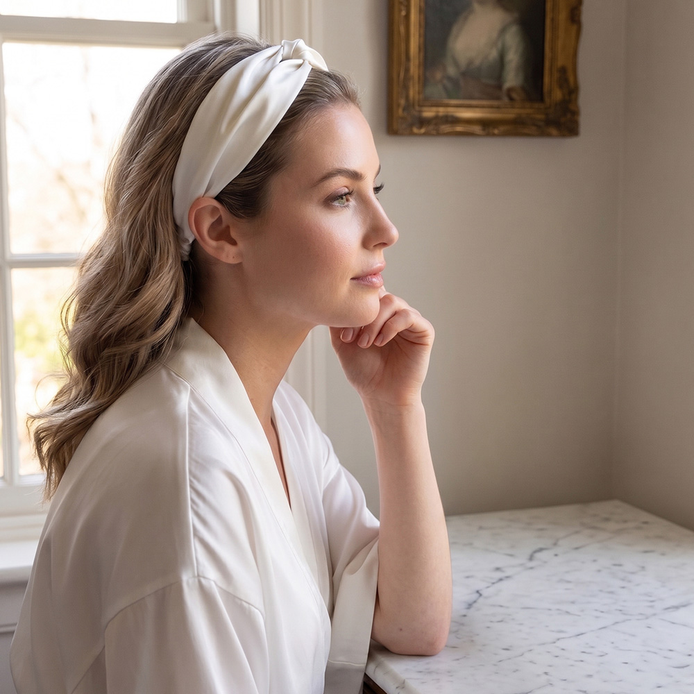 Model wearing white silk cross knot headband