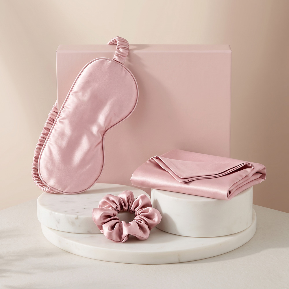 Pink mulberry silk eye mask pillowcase scrunchie gift set