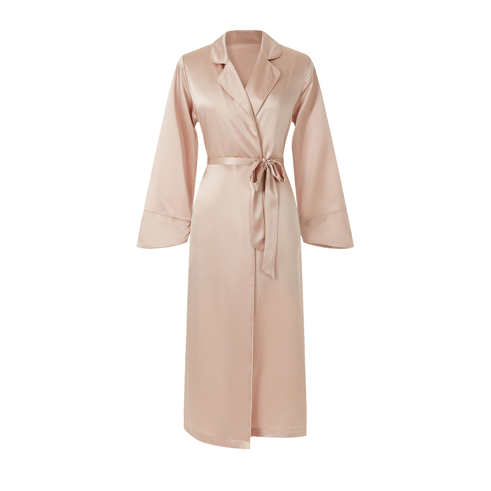 Champagne silk bathrobe with lapel collar flat lay
