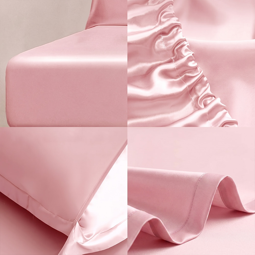 Pink silk fitted sheet and pillowcase detail shots