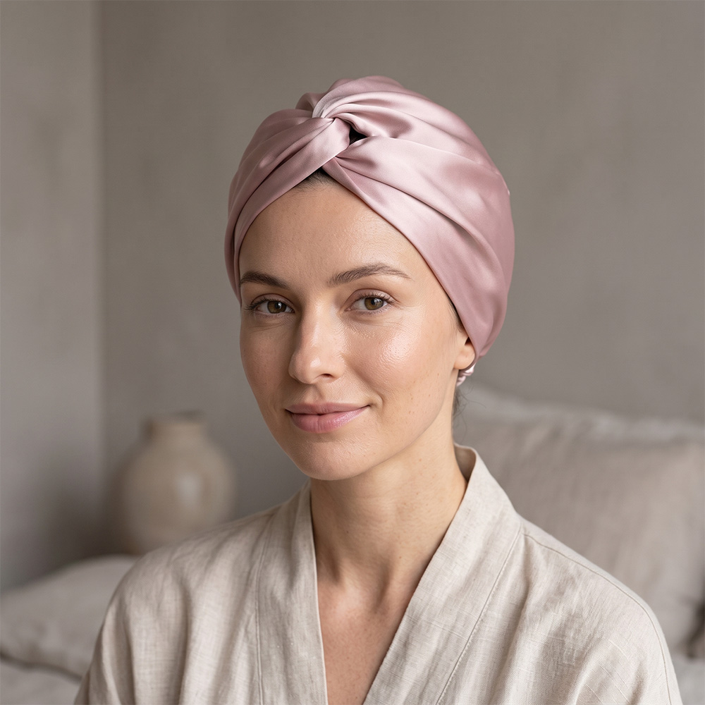 Woman wearing pink silk twist hair turban front view