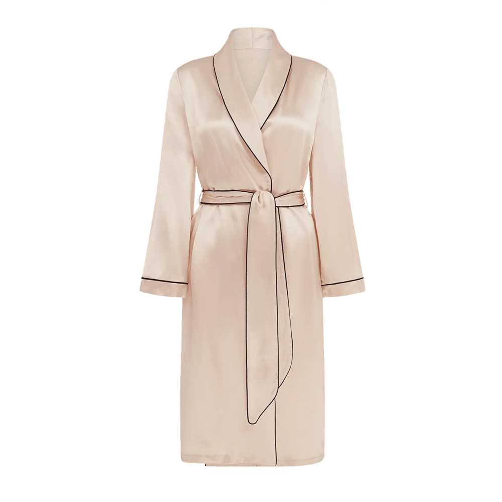 Champagne silk bathrobe with contrast piping flat lay