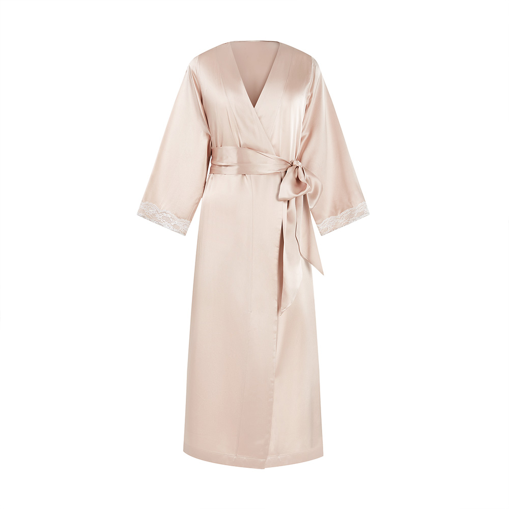 Light pink silk kimono bathrobe with lace trim