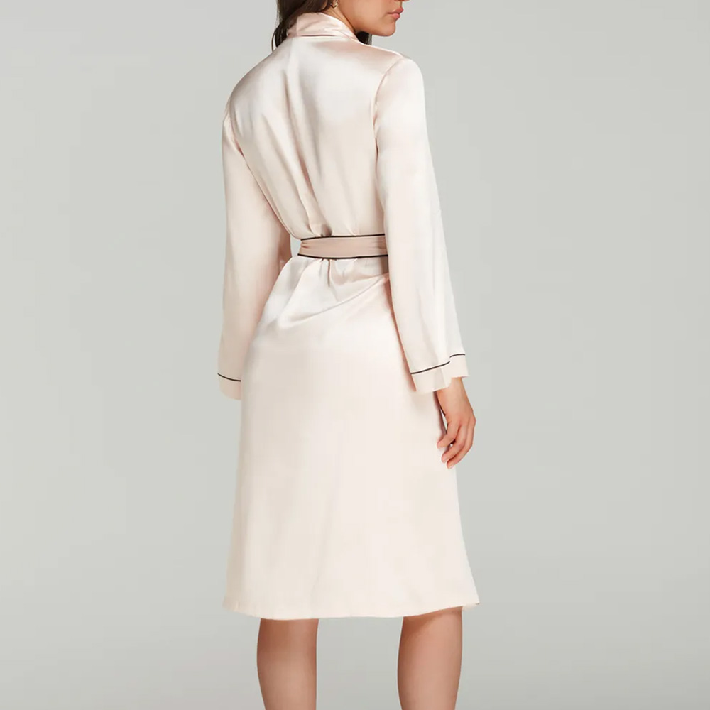 Back view of model wearing champagne silk bathrobe