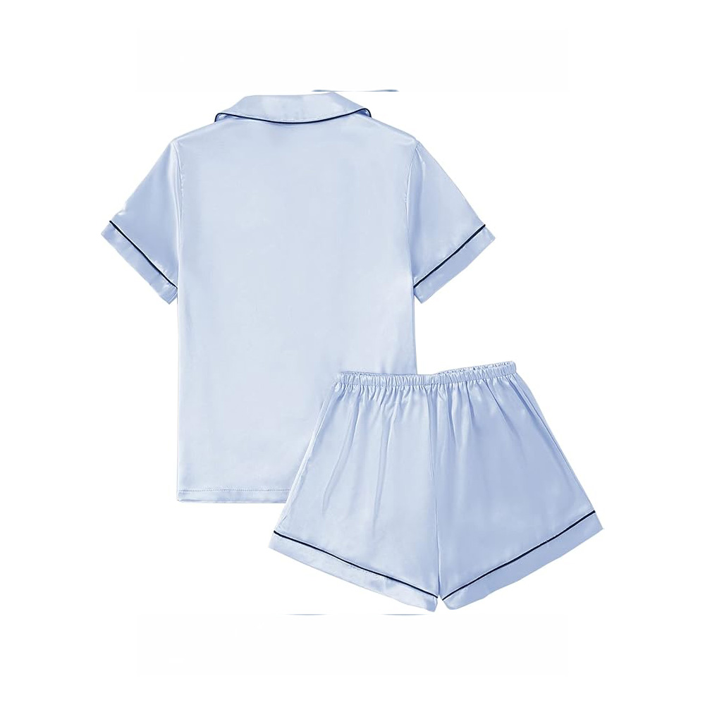 Back view of light blue short sleeve silk pajama set